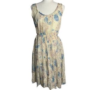 Vintage 50s Sleeveless Chiffon Swing Dress S Ivory Floral Pleated Lined Zip Snap